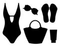 Set beach summer silhouettes swimsuit slates beach bag vector illustration